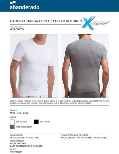 Abanderado camiseta hombre manga corta cuello redondo termorregulacion activa algodon licra ASA040W