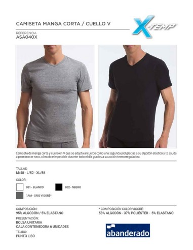 Abanderado camiseta hombre manga corta cuello pico termorregulacion activa algodon licra  ASA040X